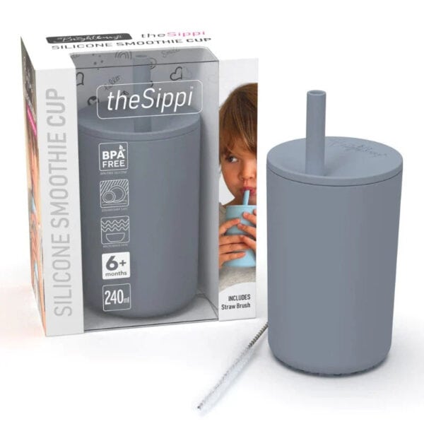 Baby sippy cup with straw and stopper, BPA-free, 240ml capacity, suitable for 6+ months.