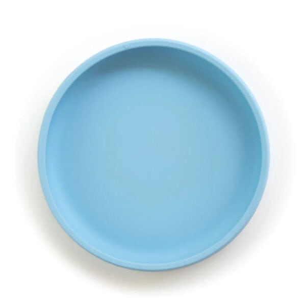 Bright blue silicone suction plate for babies, easy to clean and perfect for mealtime.