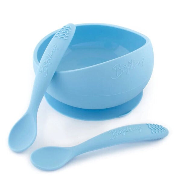 Silicone suction bowl and two spoons for easy feeding, perfect for babies and toddlers. Durable, saf.