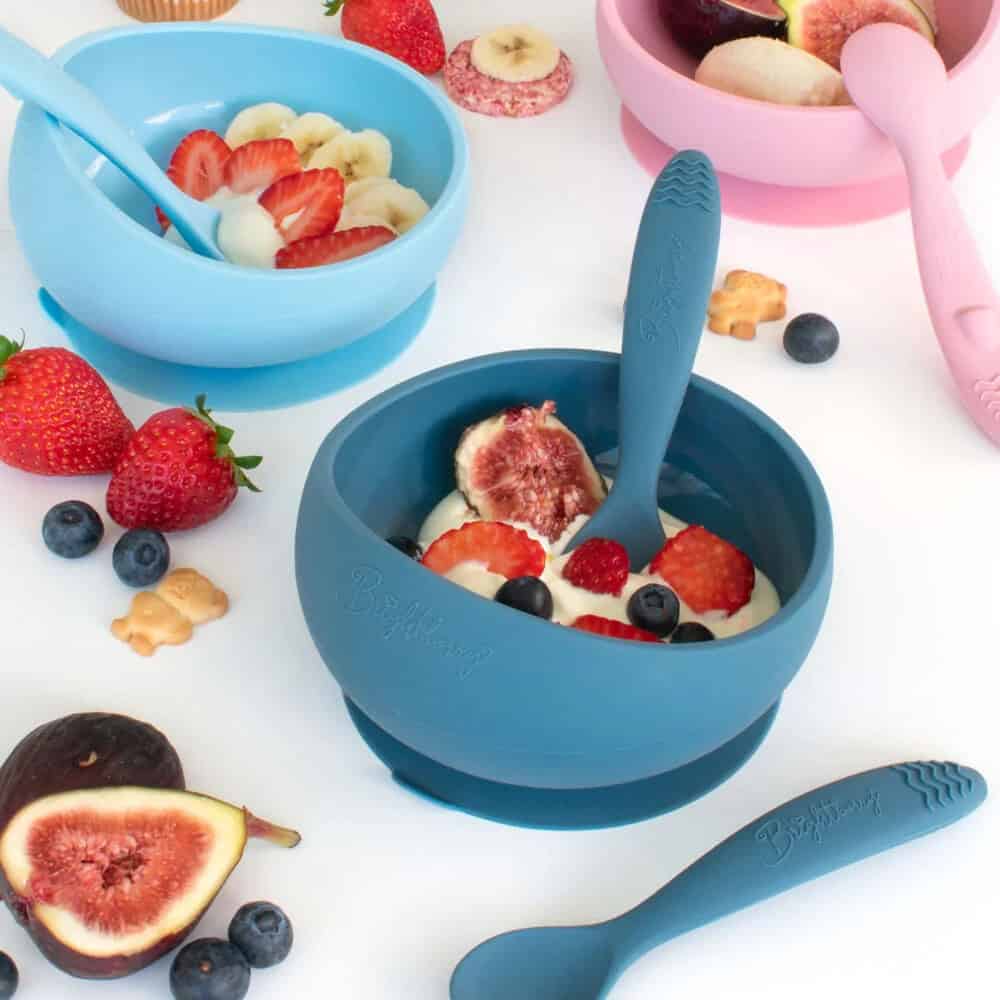 Silicone Suction Bowl Set with Spoons in Pacific Blue.