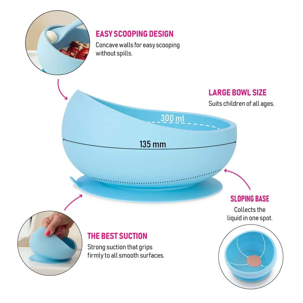 Baby suction bowl with easy scoop design in Pacific Blue.