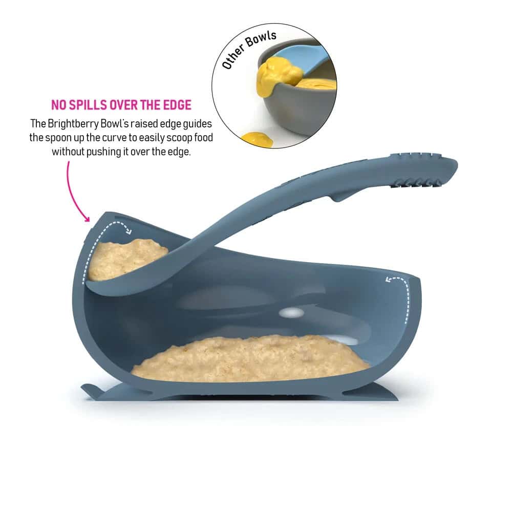 Silicone suction bowl with two easy scoop spoons, perfect for baby feeding and mess-free mealtime.