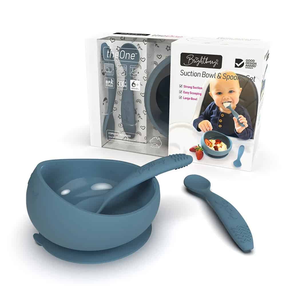 Suction bowl and spoons set for babies, easy to scoop, BPA free, perfect for feeding.