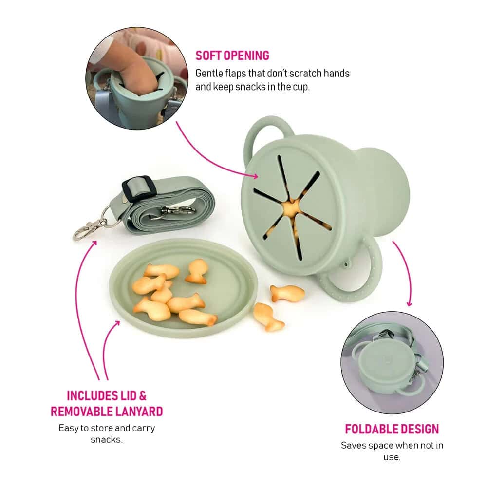Baby silicone snack cup with soft opening for easy cleaning and durability. Perfect for on-the-go sn.
