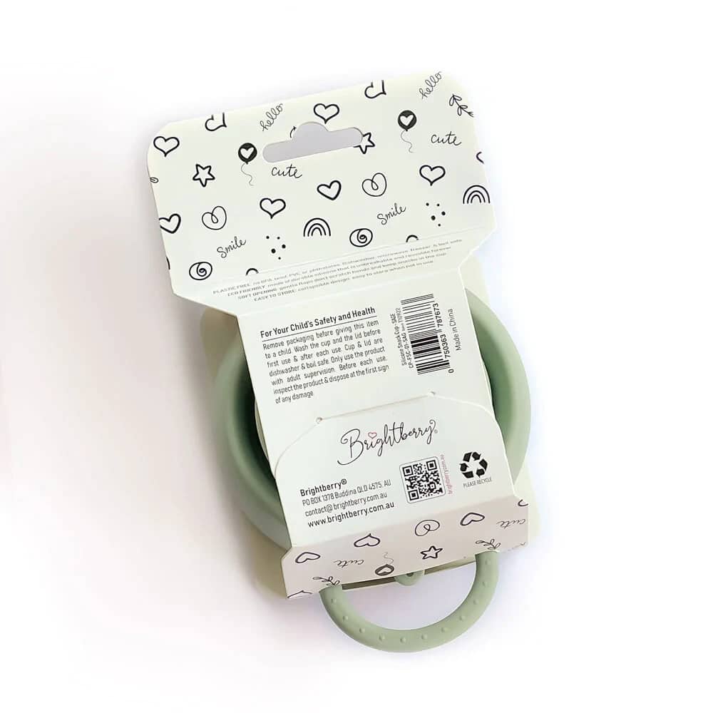 Baby silicone snack cup in sage green, collapsible and durable for easy cleaning and convenient for.